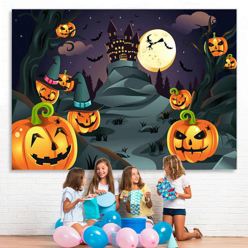 Lofaris Halloween Witch Moon Night Bat Pumpkin Haunted House Backdrop