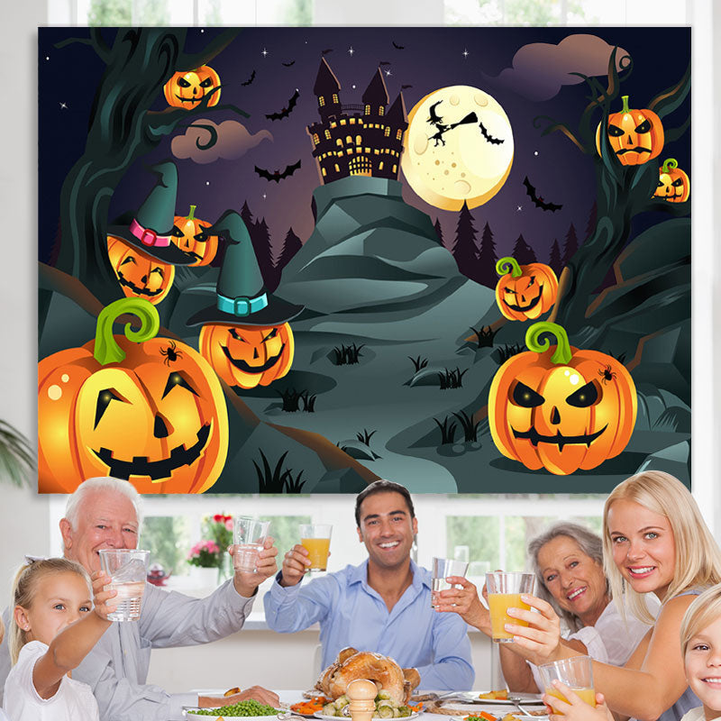 Lofaris Halloween Witch Moon Night Bat Pumpkin Haunted House Backdrop