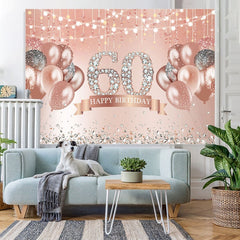 Lofaris Happy 60th Birthday Pink Balloon Diamonds Giltter Backdrop