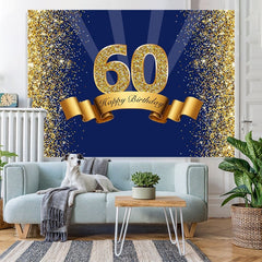Lofaris Happy 60th Birthday Royal Blue Gold Glitter Backdrop for Photos
