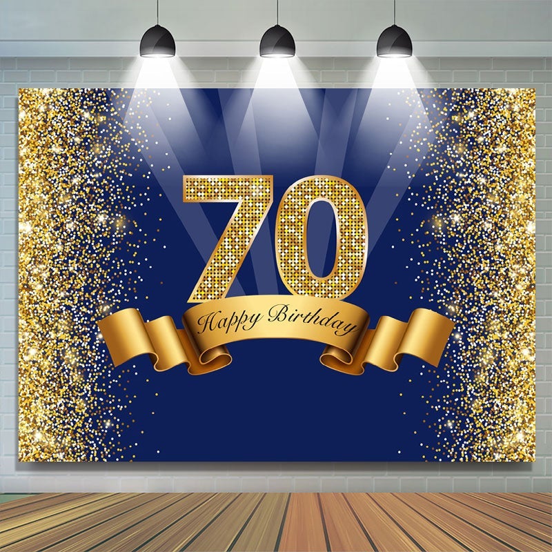 Lofaris Happy 70th Birthday Gold Glitter Royal Blue Backdrop for Photo