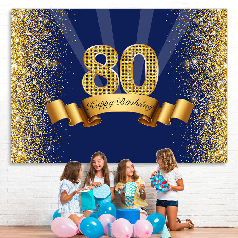 Lofaris Happy 80th Birthday Gold Glitter Royal Blue Backdrop for Party