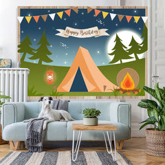 Lofaris Happy Birthday Camping Night Forest Cartoon Party Backdrop
