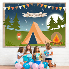 Lofaris Happy Birthday Camping Night Forest Cartoon Party Backdrop