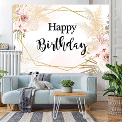 Lofaris Happy Birthday Floral Gold Leaves Geometry Backdrop for Party