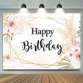 Lofaris Happy Birthday Floral Gold Leaves Geometry Backdrop for Party