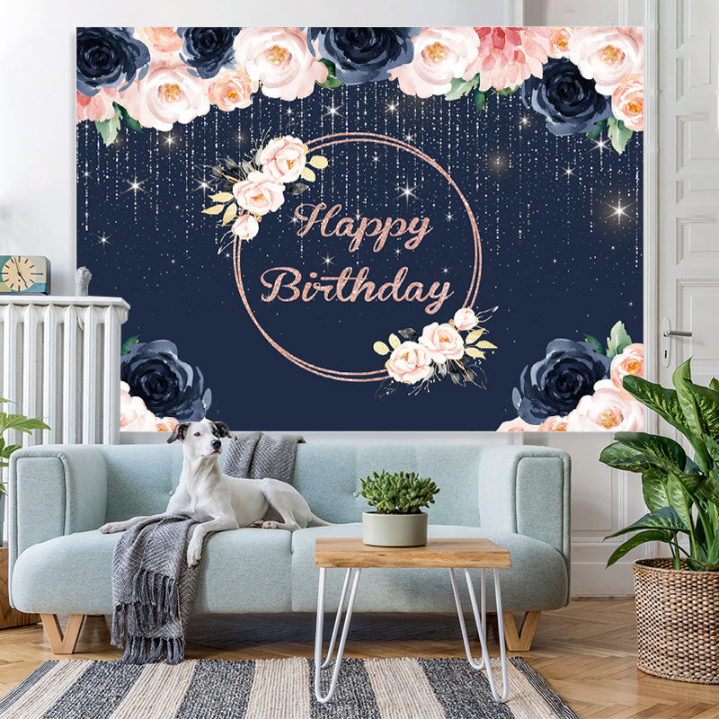 Lofaris Happy Birthday Floral Lights Glitter Royal Blue Backdrop for Party