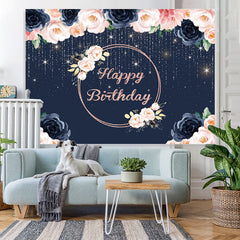 Lofaris Happy Birthday Floral Lights Glitter Royal Blue Backdrop for Party