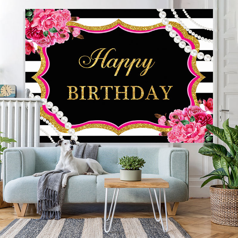 Lofaris Happy Birthday Floral Pearls Black White Backdrop for Party