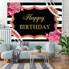 Lofaris Happy Birthday Floral Pearls Black White Backdrop for Party