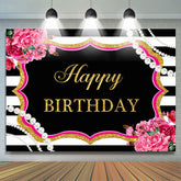 Lofaris Happy Birthday Floral Pearls Black White Backdrop for Party