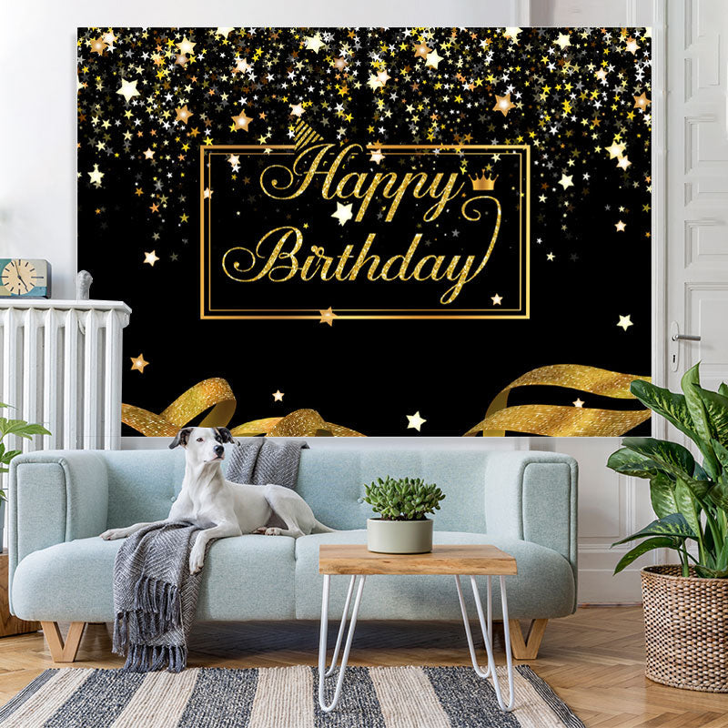Lofaris Happy Birthday Gold Stars Glitter Ribbon Black Backdrop