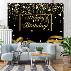 Lofaris Happy Birthday Gold Stars Glitter Ribbon Black Backdrop