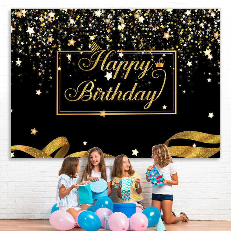 Lofaris Happy Birthday Gold Stars Glitter Ribbon Black Backdrop