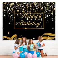 Lofaris Happy Birthday Gold Stars Glitter Ribbon Black Backdrop