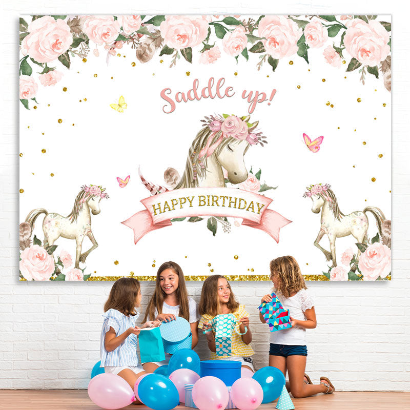 Lofaris Happy Birthday Saddle Up Horse Pink Flower Themed Backdrop