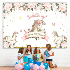 Lofaris Happy Birthday Saddle Up Horse Pink Flower Themed Backdrop