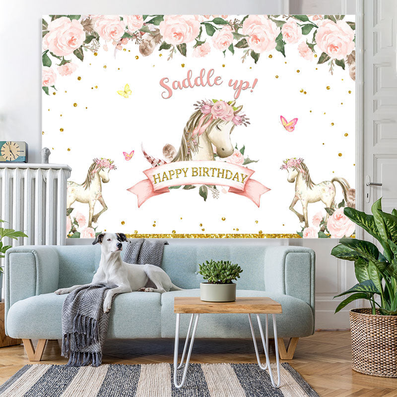Lofaris Happy Birthday Saddle Up Horse Pink Flower Themed Backdrop