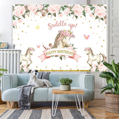 Lofaris Happy Birthday Saddle Up Horse Pink Flower Themed Backdrop