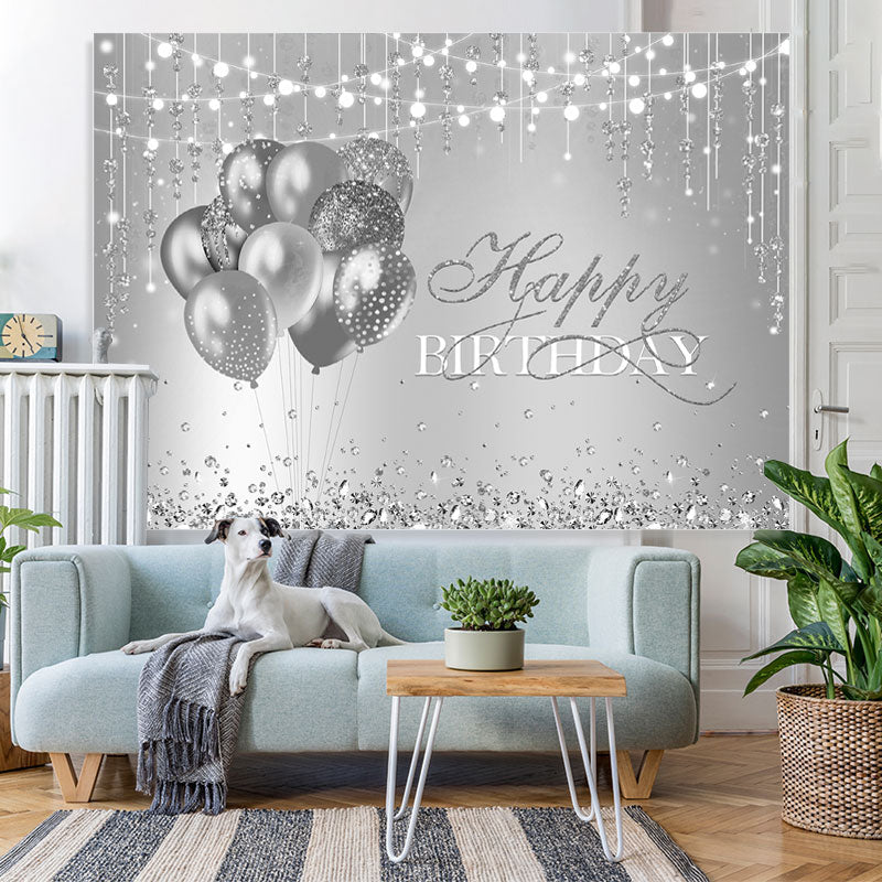 Lofaris Happy Birthday Silver Balloon Glitter Lights Backdrop for Party