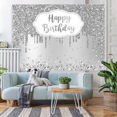 Lofaris Happy Birthday Silver Glitter Diamonds Backdrop for Party