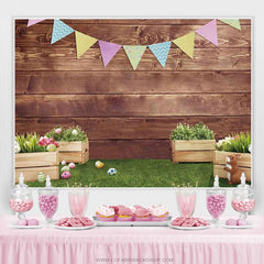 Lofaris Happy Rabbit Green Grass Brown Wooden Easter Backdrop