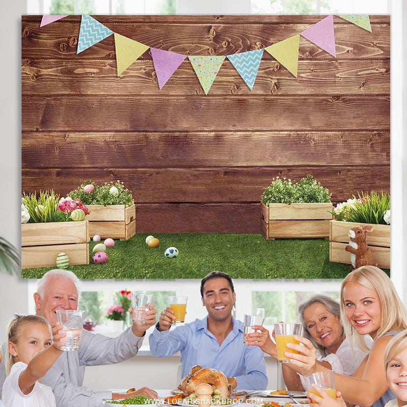 Lofaris Happy Rabbit Green Grass Brown Wooden Easter Backdrop