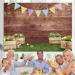 Lofaris Happy Rabbit Green Grass Brown Wooden Easter Backdrop