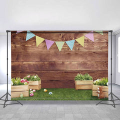 Lofaris Happy Rabbit Green Grass Brown Wooden Easter Backdrop