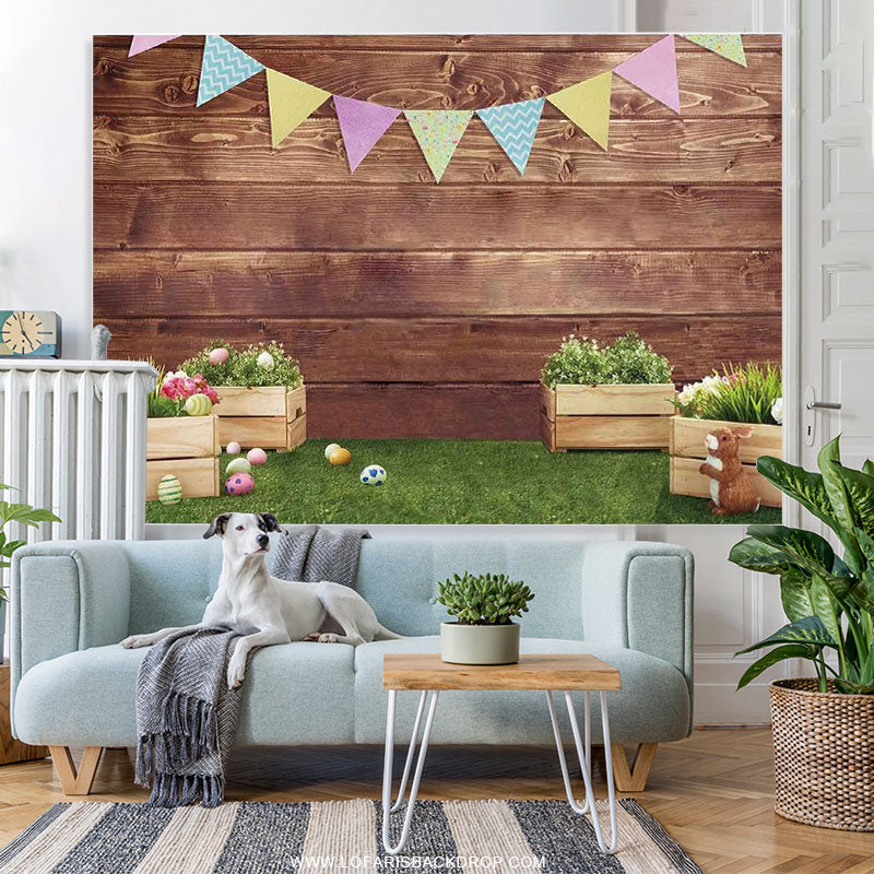 Lofaris Happy Rabbit Green Grass Brown Wooden Easter Backdrop
