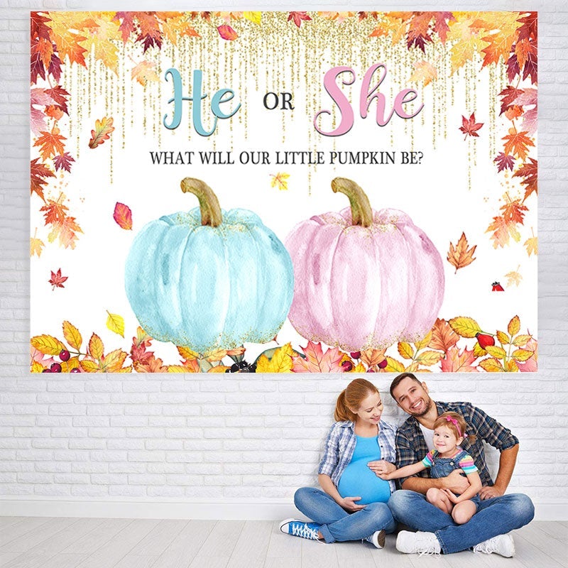Lofaris He or She Bule and Pink Pumpkin Maple Autumn Backdrop