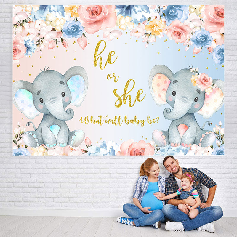 Lofaris He Or She Floral And Elephants Baby Shower Backdrop