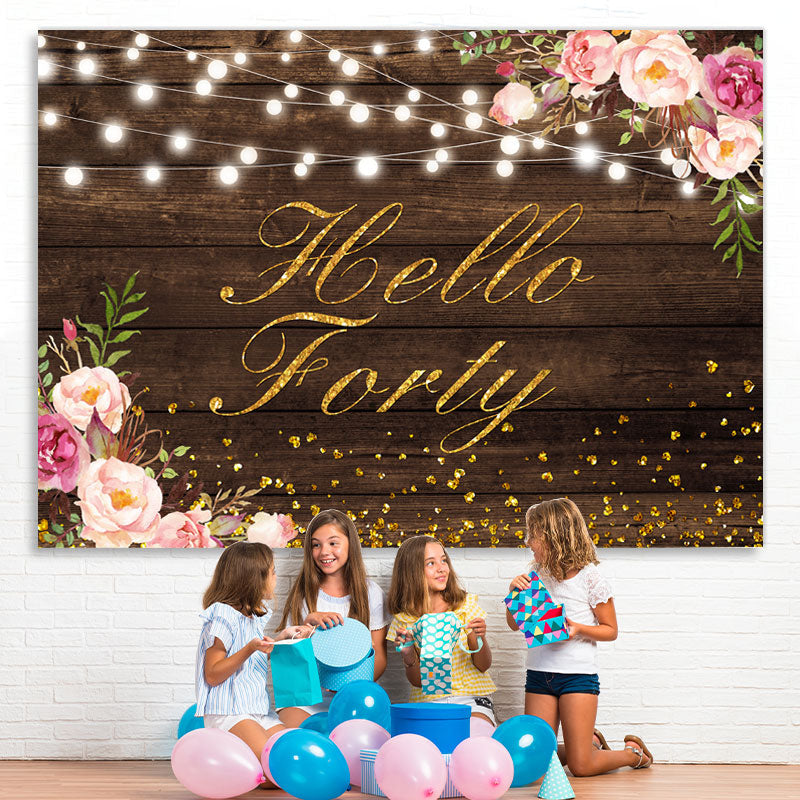 Lofaris Hello Forty Floral Gold Glitter Backdrop for Birthday
