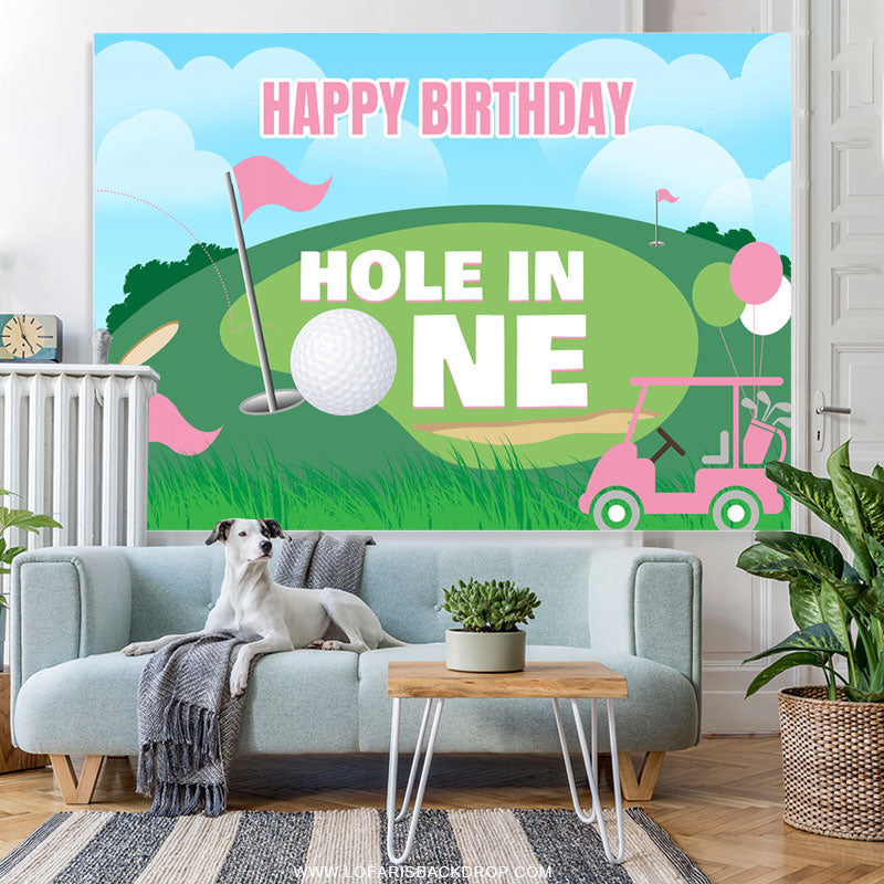 Lofaris Hole In One Pink Balloon Happy Birthday Backdrop