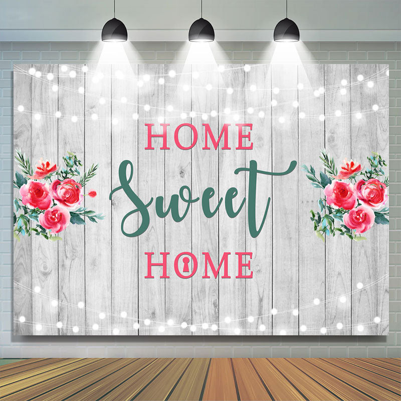 Lofaris Home Sweet Wooden Red Floral Housewarming Bakcdrop