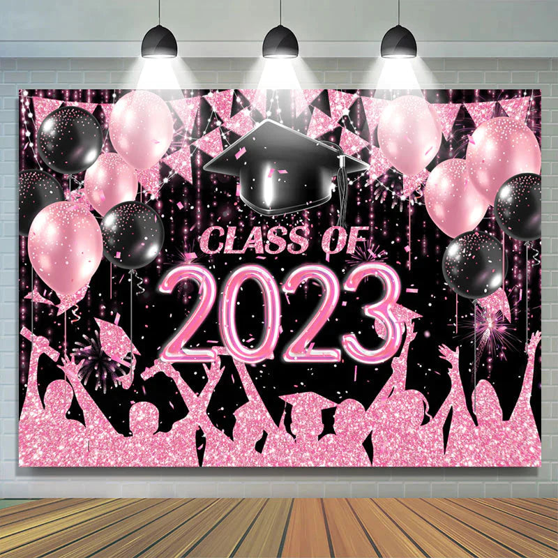 Lofaris Hot Pink Black Balloon Flag Class Of 2023 Backdrop
