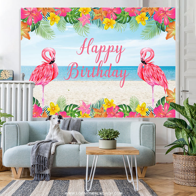 Lofaris Hot Pink Floral Flamingo Happy Summer Birthday Backdrop
