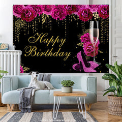 Lofaris Hot Pink Floral Gold Glitter Happy Birthday Backdrop