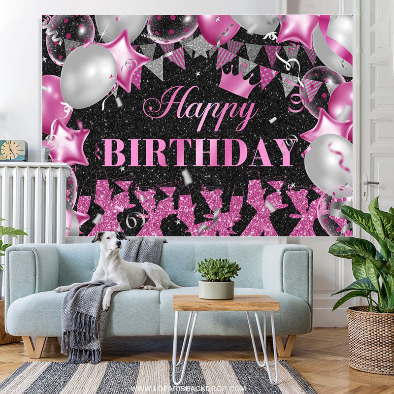 Lofaris Hot Pink Sliver Balloons Glitter Black Birthday Backdrop