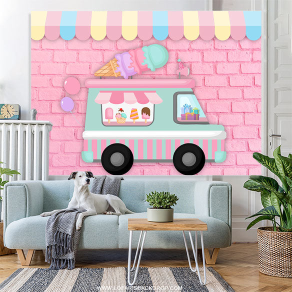 Lofaris Ice Cream Car Pink Brick Wall Happy Birthday Backdrop