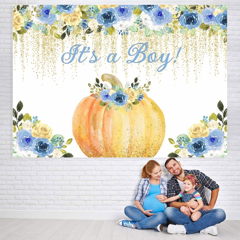 Lofaris Its a Boy! Blue flowers pumpkin baby shower Backdrop