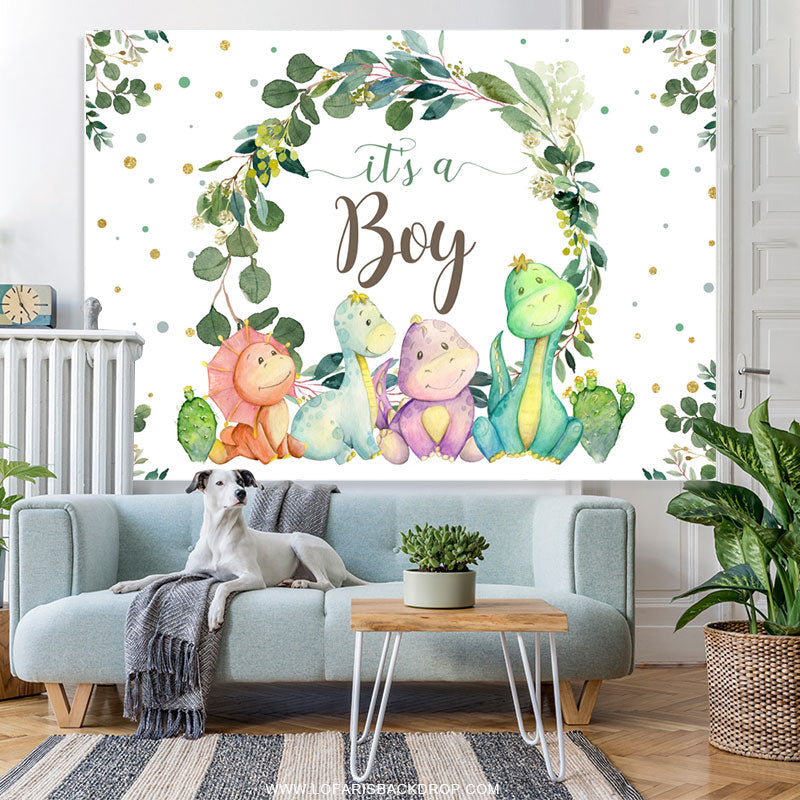Lofaris Its A Boy Green Leaves And Dinosaur Baby Shower Backdrop