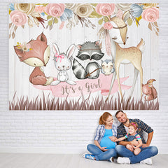 Lofaris Its A Girl Pink Floral Cute Animal Backdrop for Baby Shower