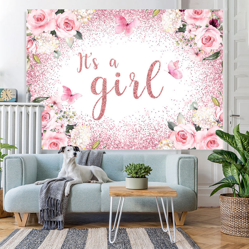 Lofaris Its A Girl Pink Floral Glitter Baby Shower Backdrop