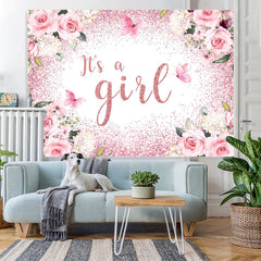 Lofaris Its A Girl Pink Floral Glitter Baby Shower Backdrop