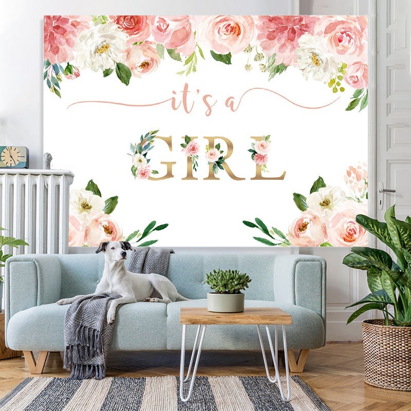 Lofaris Its a Girl Pink Watercolor Backdrop for Baby Shower