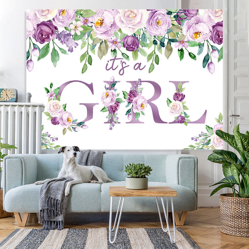 Lofaris Its A Girl Purple Floral Baby Shower Backdrop for Party