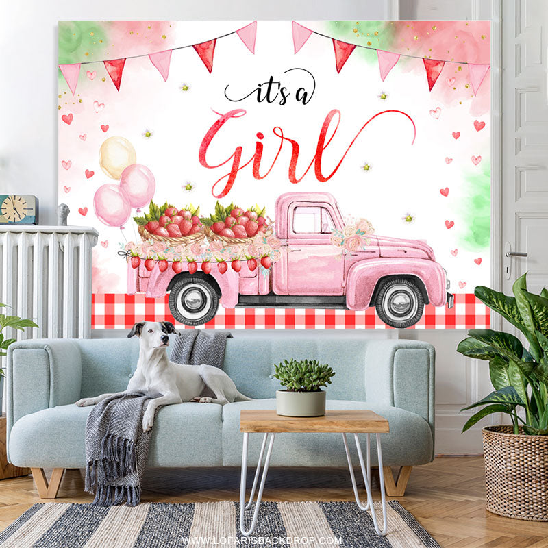 Lofaris Its A Girl Strawberry Pink Truck Baby Shower Backdrop