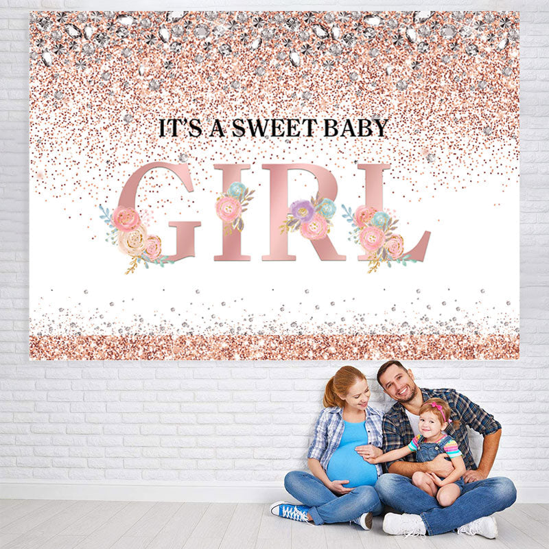 Lofaris Its A Sweet Baby Girl Pink Floral Glitter Backdrop for Shower