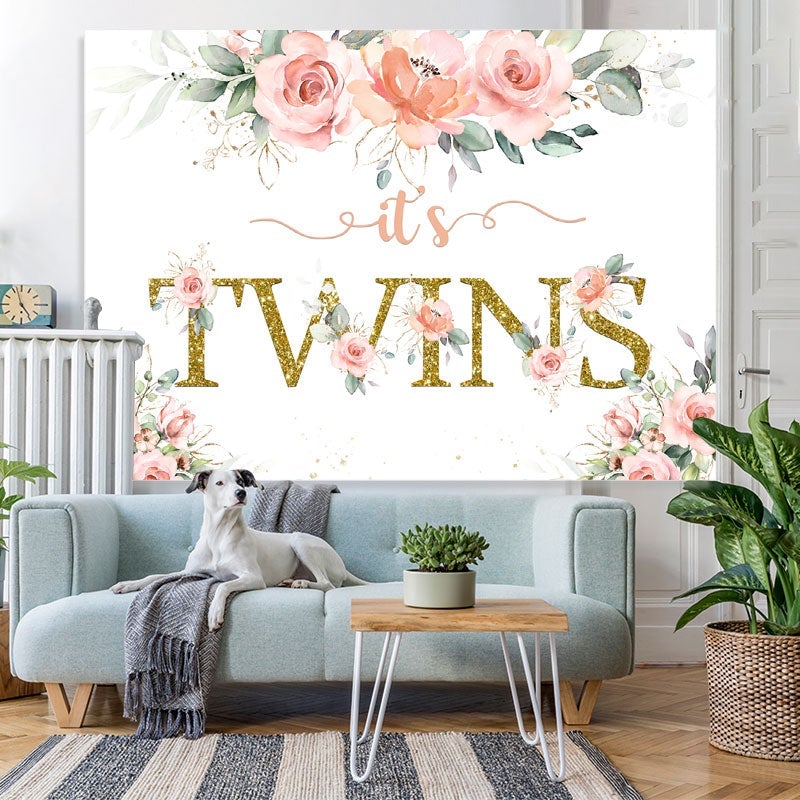 Lofaris Its Twins Pink Florals Baby Shower Backdrop for Girl